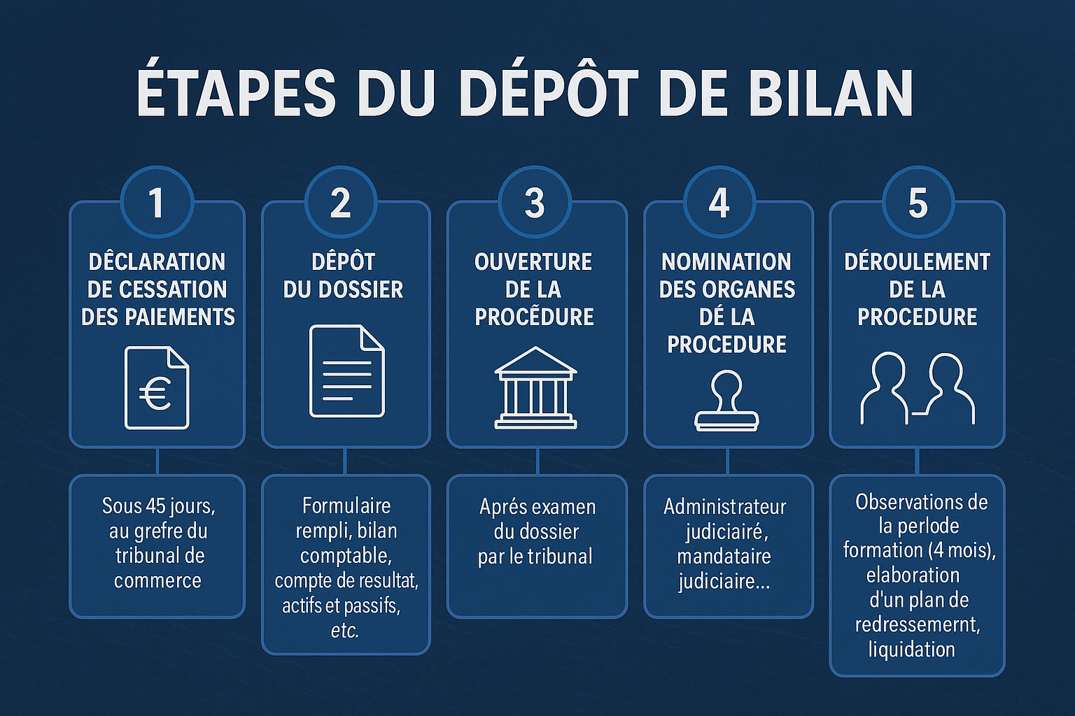 Schémas des étapes du dépôt de bilan